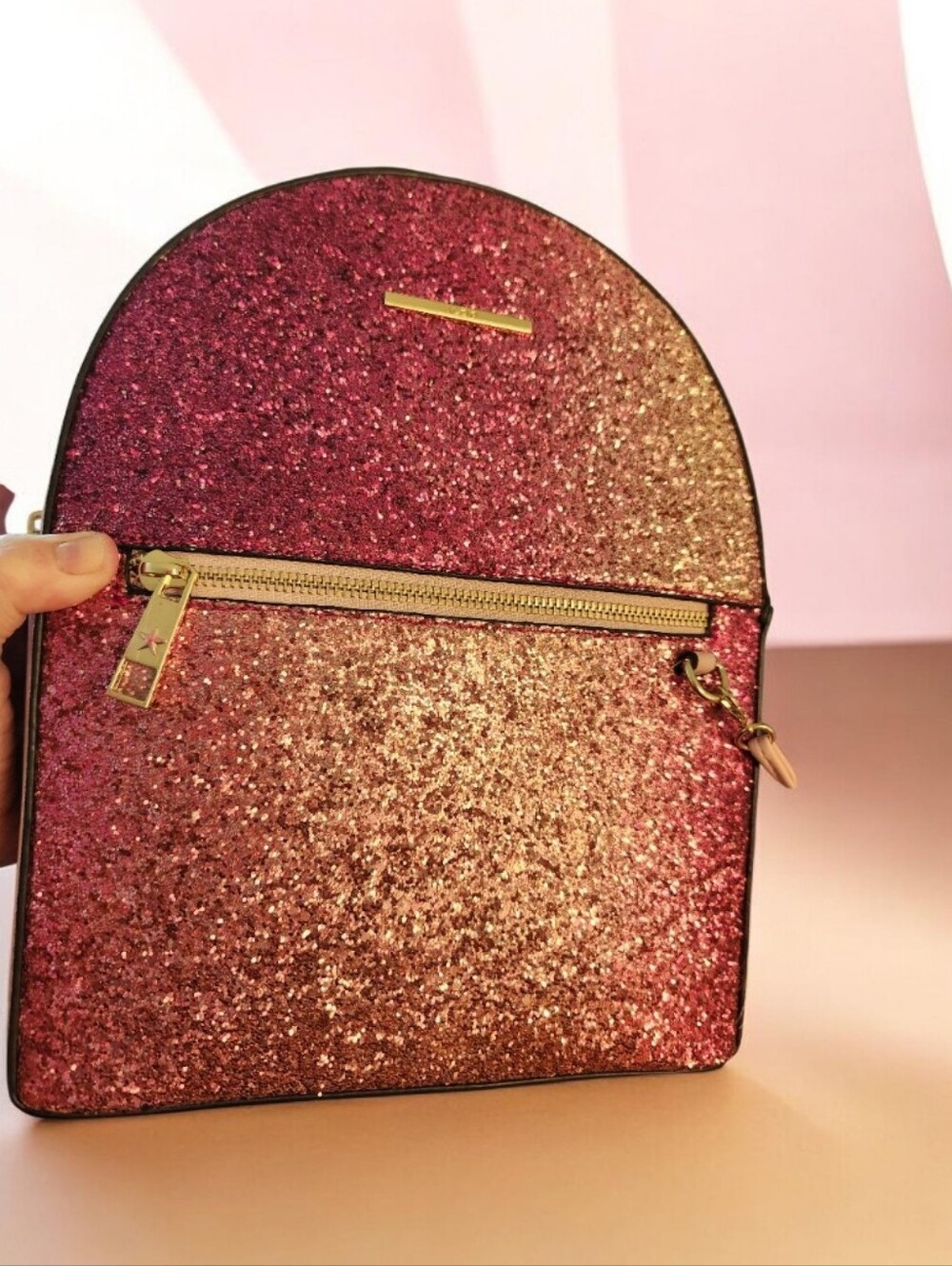 Aldo Pink Glitter Two-Tone Mini Backpack with Pom Accent■ NO OFFERS ! FIRM
